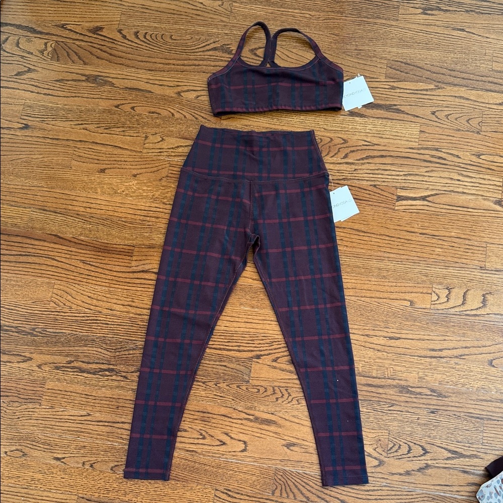 Plaid Burgundy & Black High-Waist Leggings with Matching Sports Bra